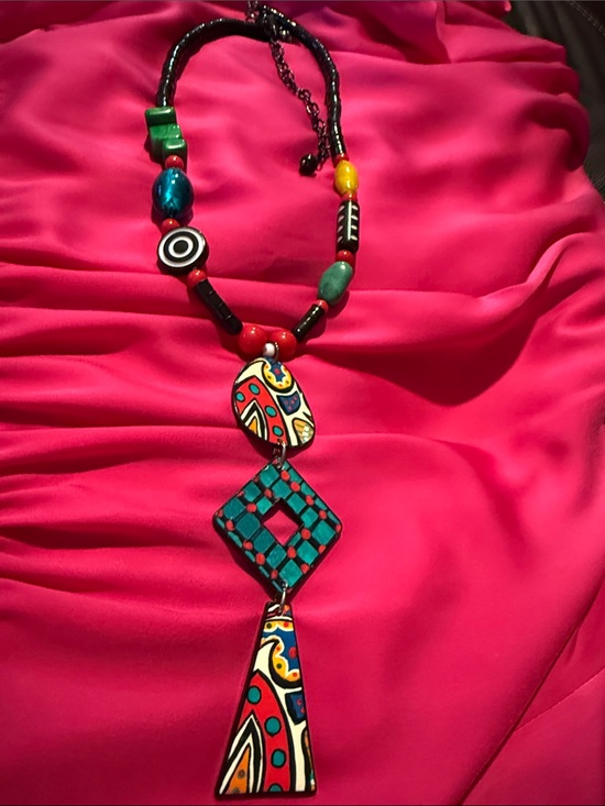 Jewelry - Hand-Painted Multicolor Pendant Necklace with Teal Accents